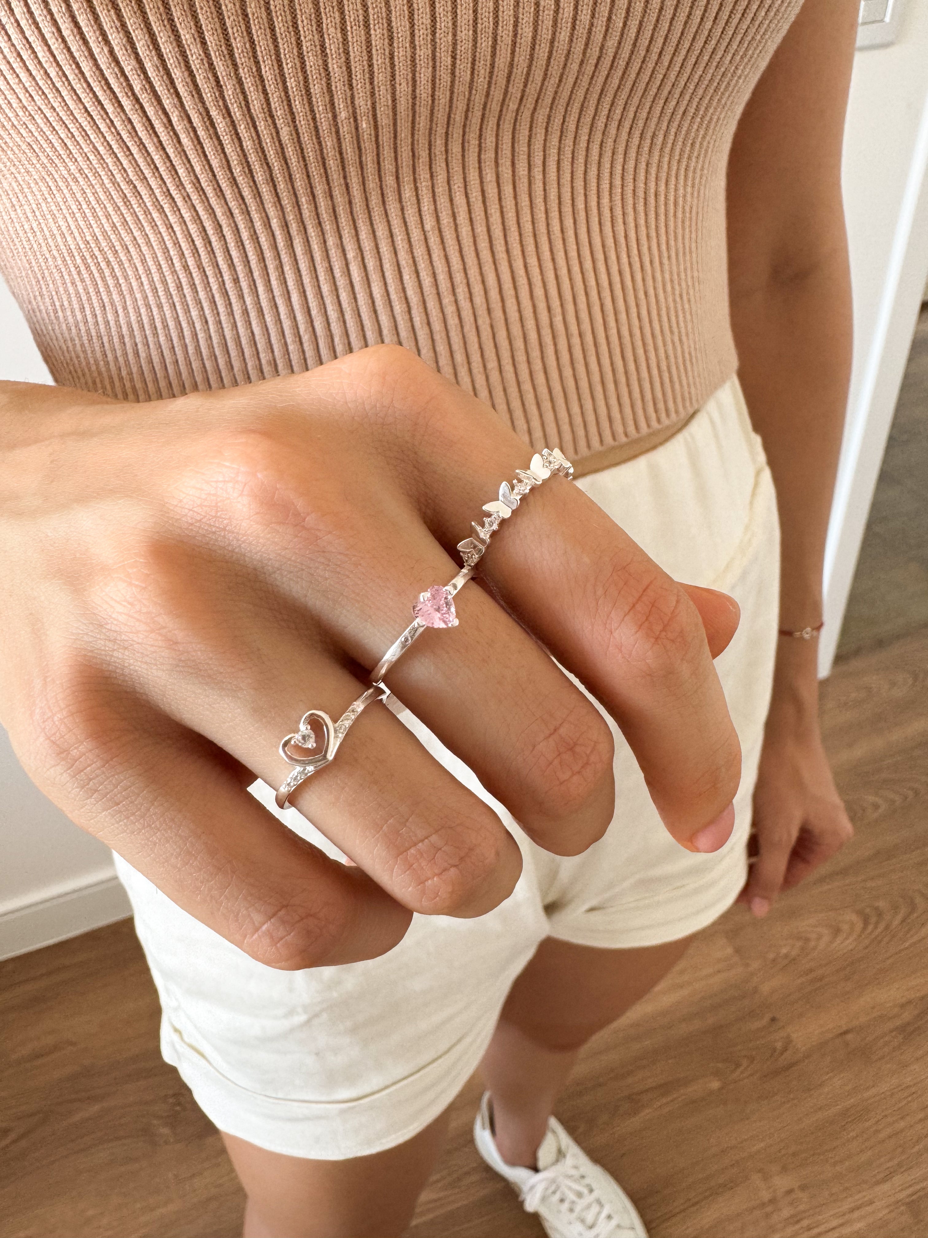 Anel Coração Rosa - Prata 925