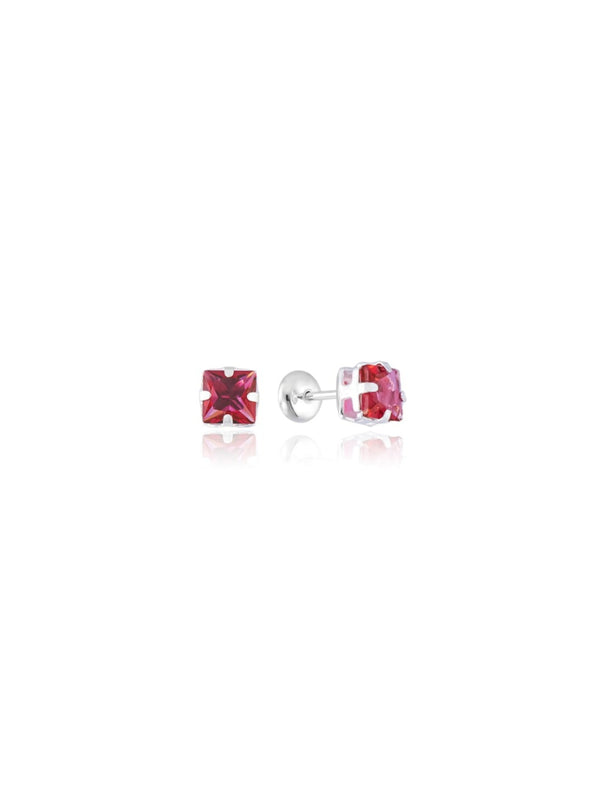Brinco Pedra Rosa Quadrada Baby Press - Prata 925