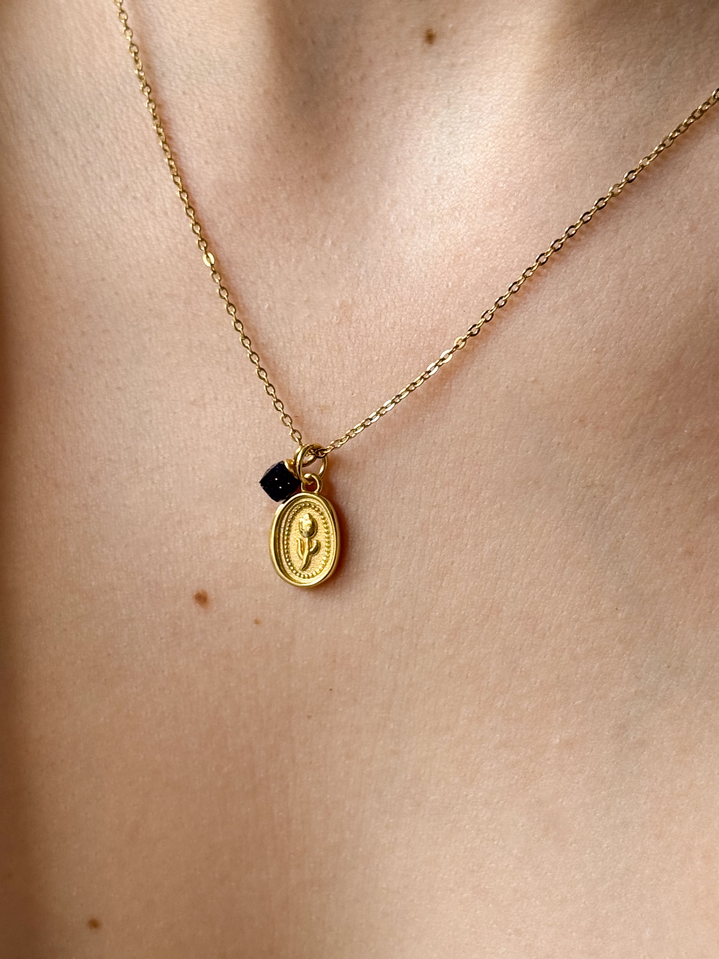 Colar Mini Pedra Glaucófano Natural - Dourado