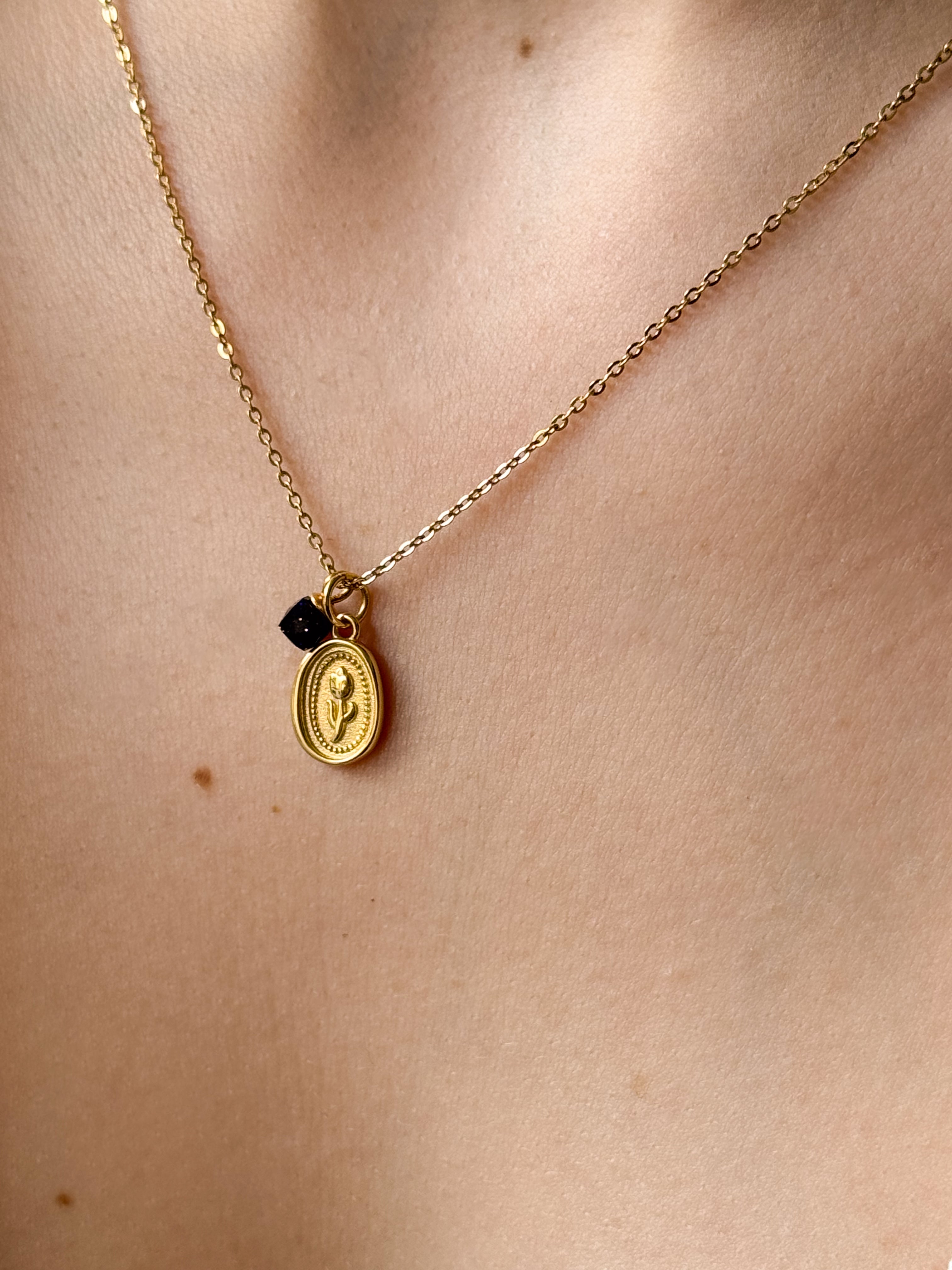 Colar Mini Pedra Glaucófano Natural - Dourado