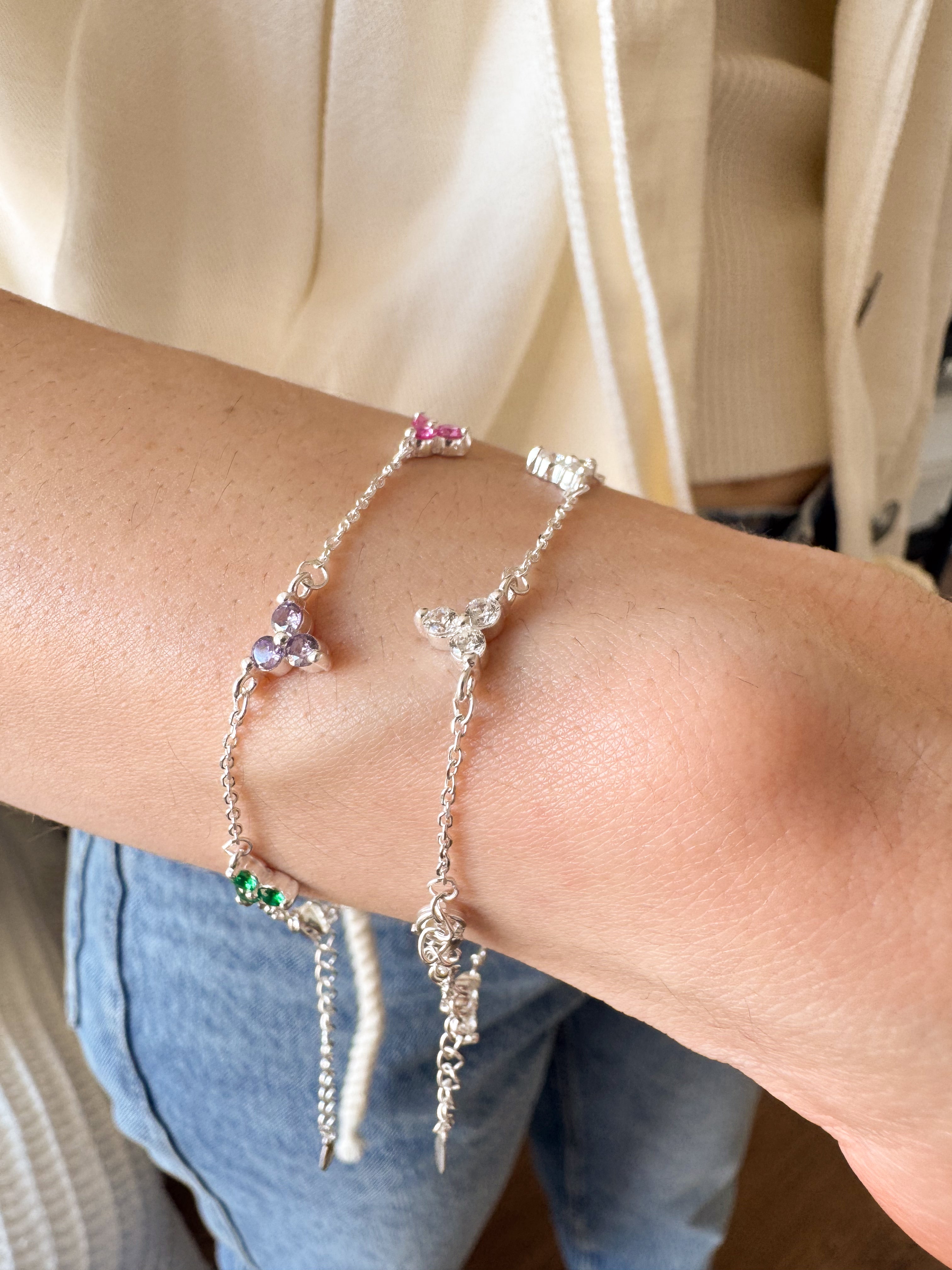 Pulseira Três Pedrinhas Coloridas - Prata 925