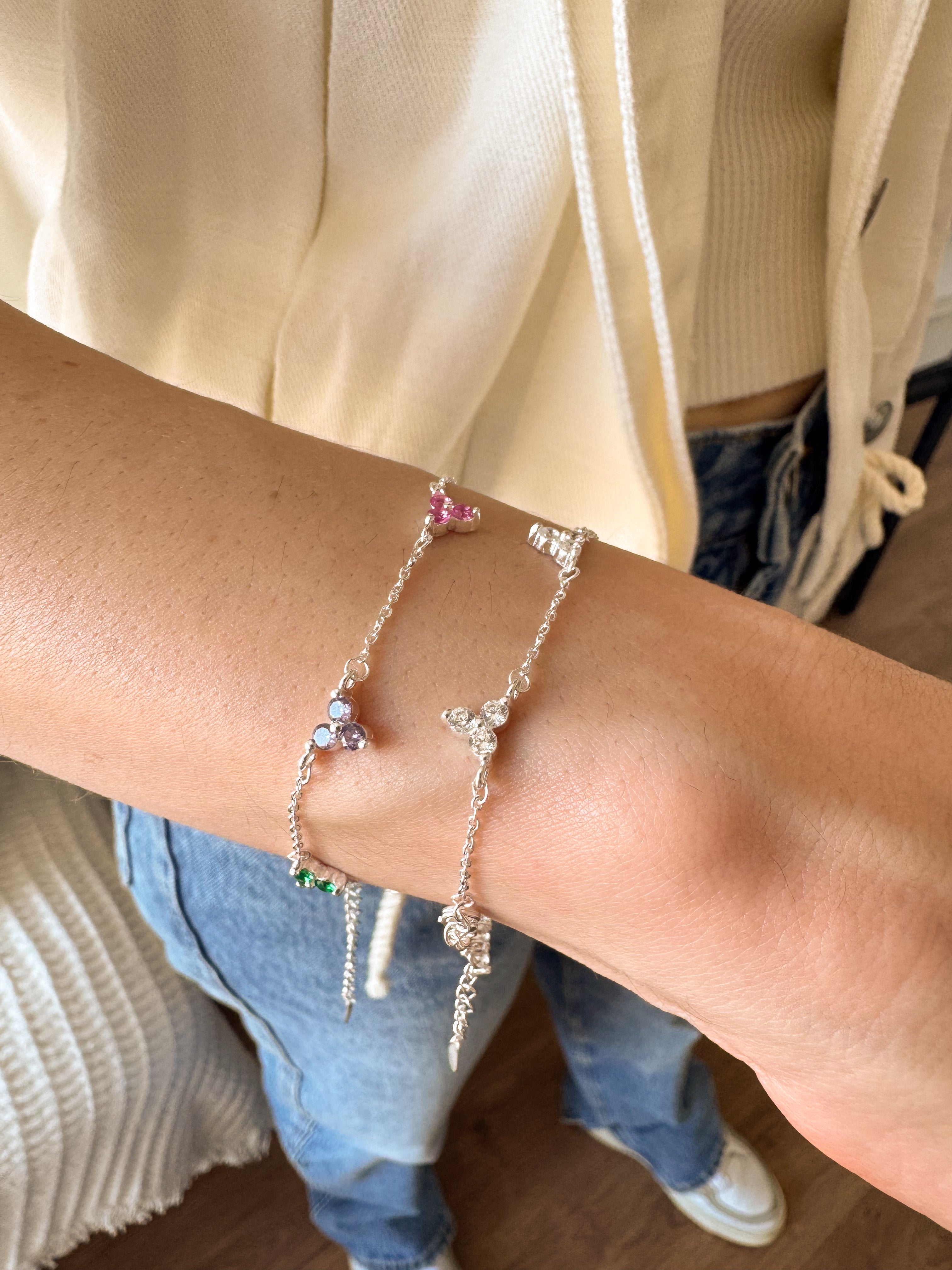 Pulseira Três Pedrinhas Coloridas - Prata 925