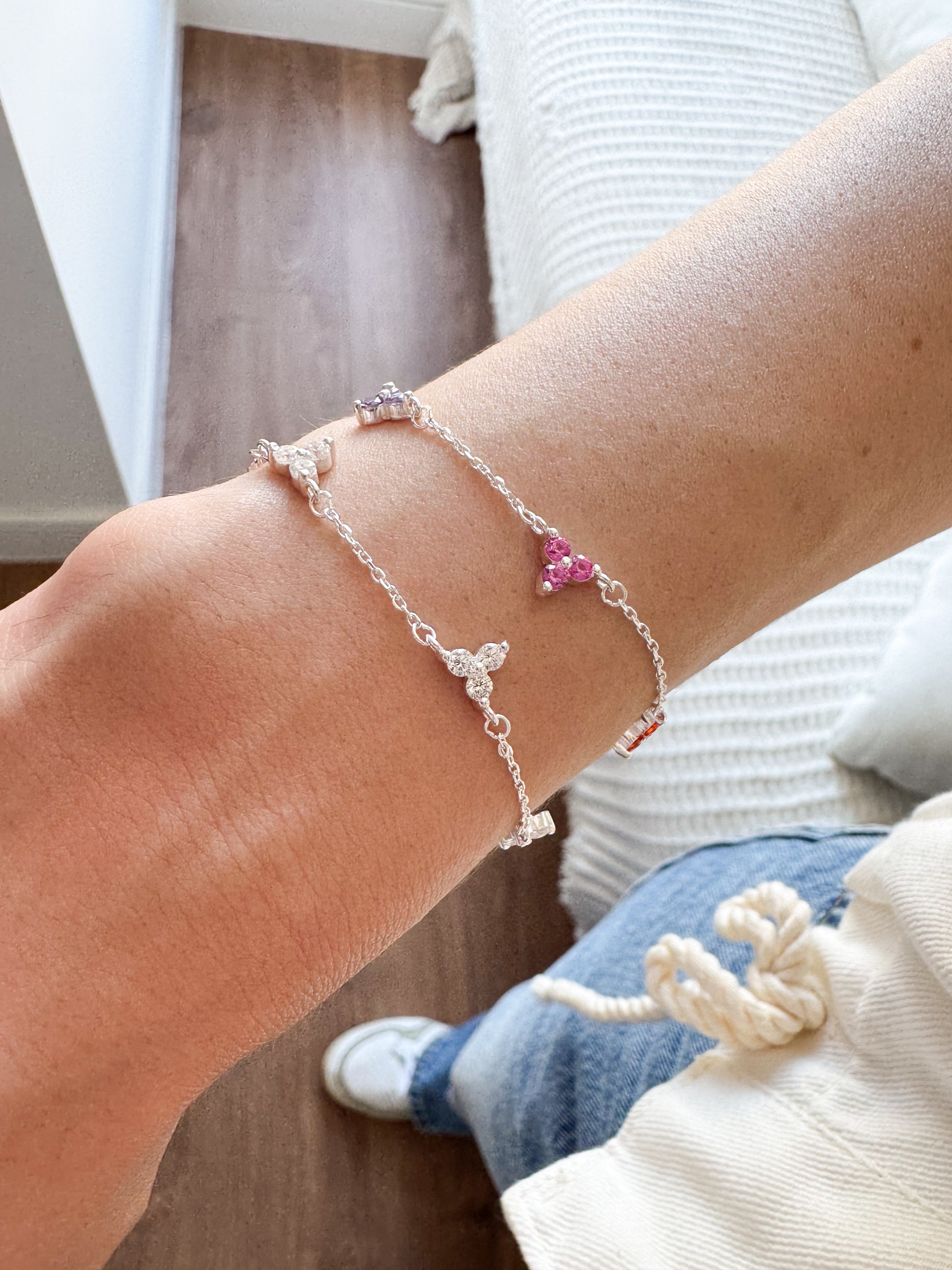 Pulseira Três Pedrinhas Coloridas - Prata 925