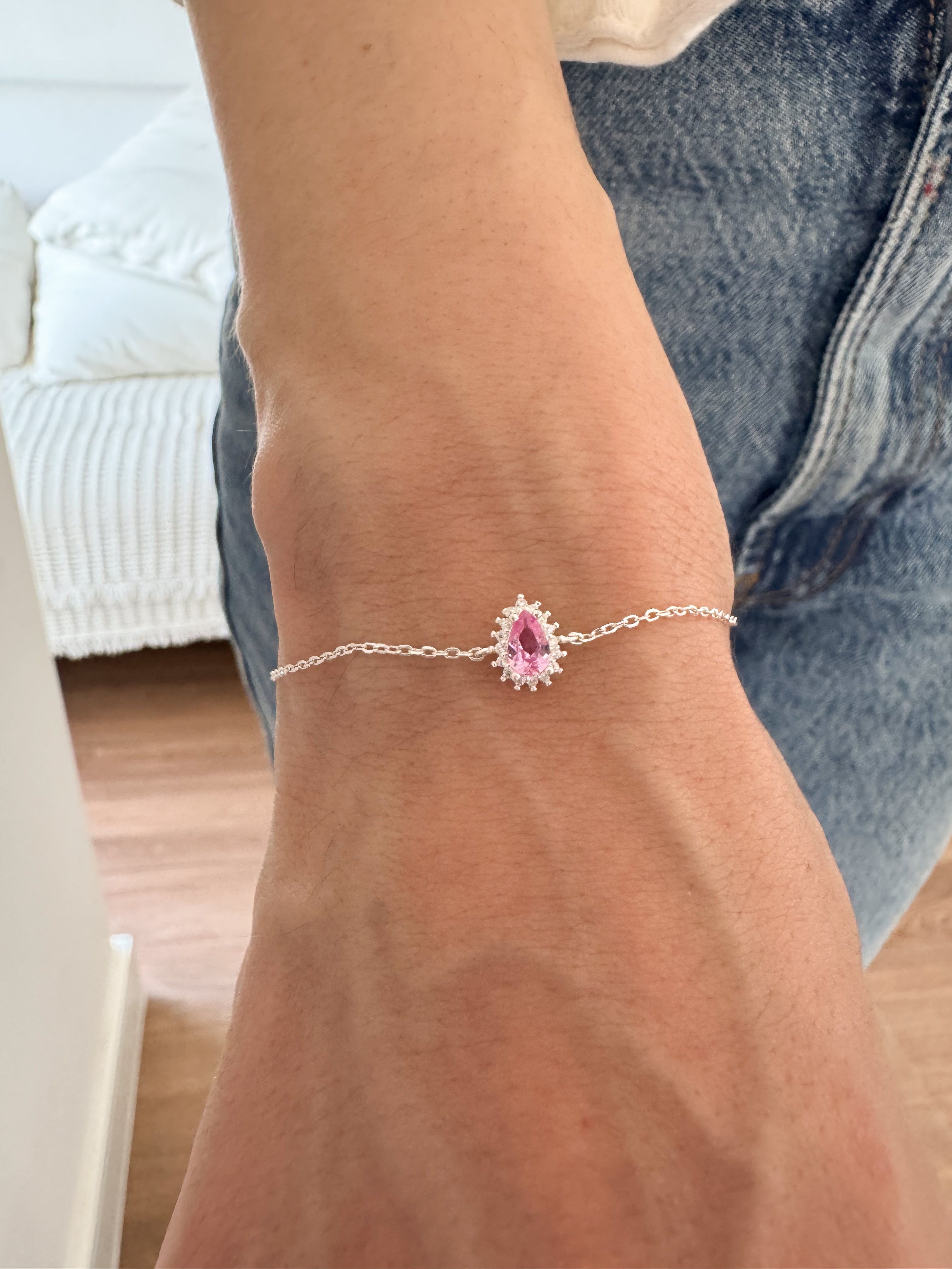 Pulseira Gotinha Cravejada Rosa - Prata 925