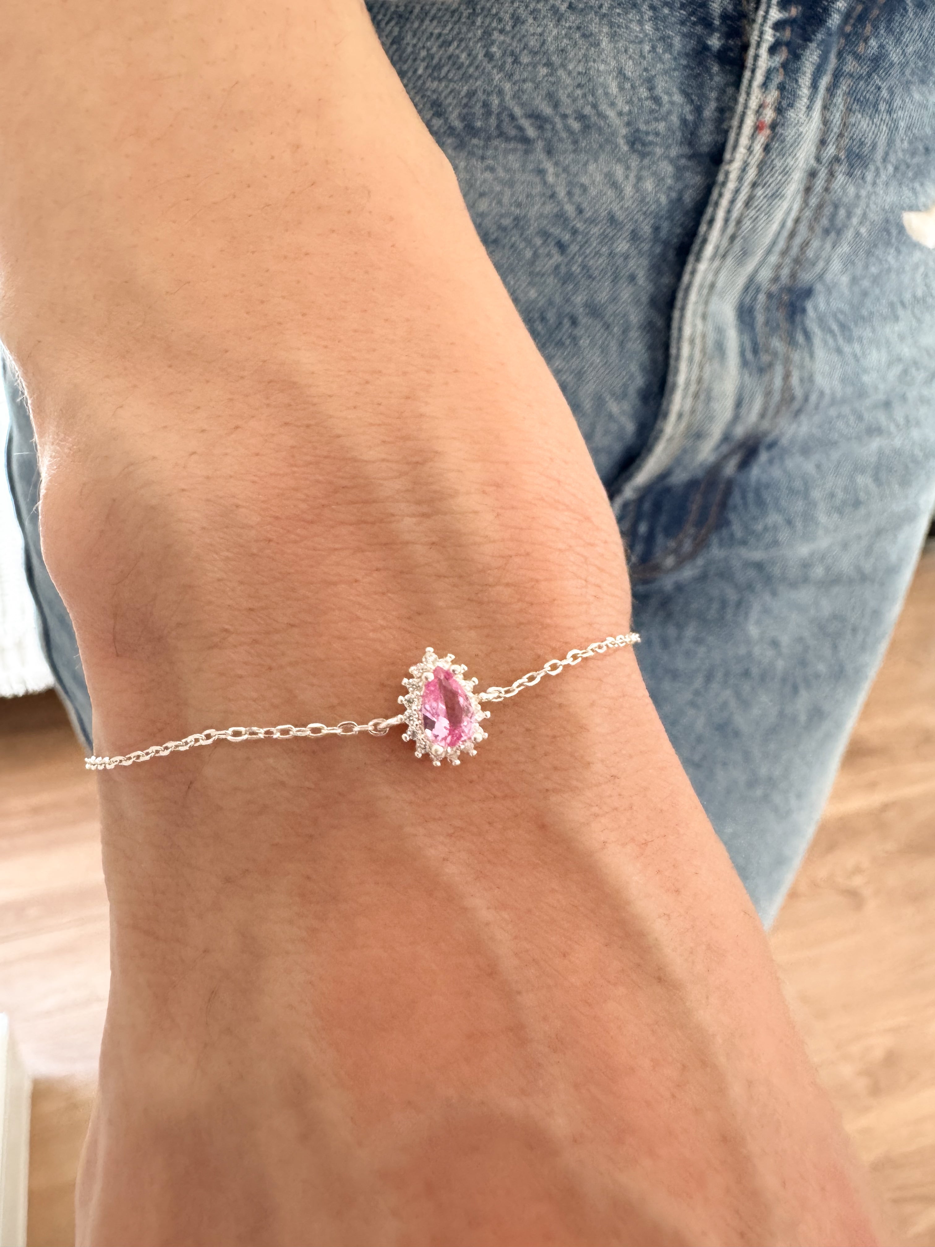 Pulseira Gotinha Cravejada Rosa - Prata 925