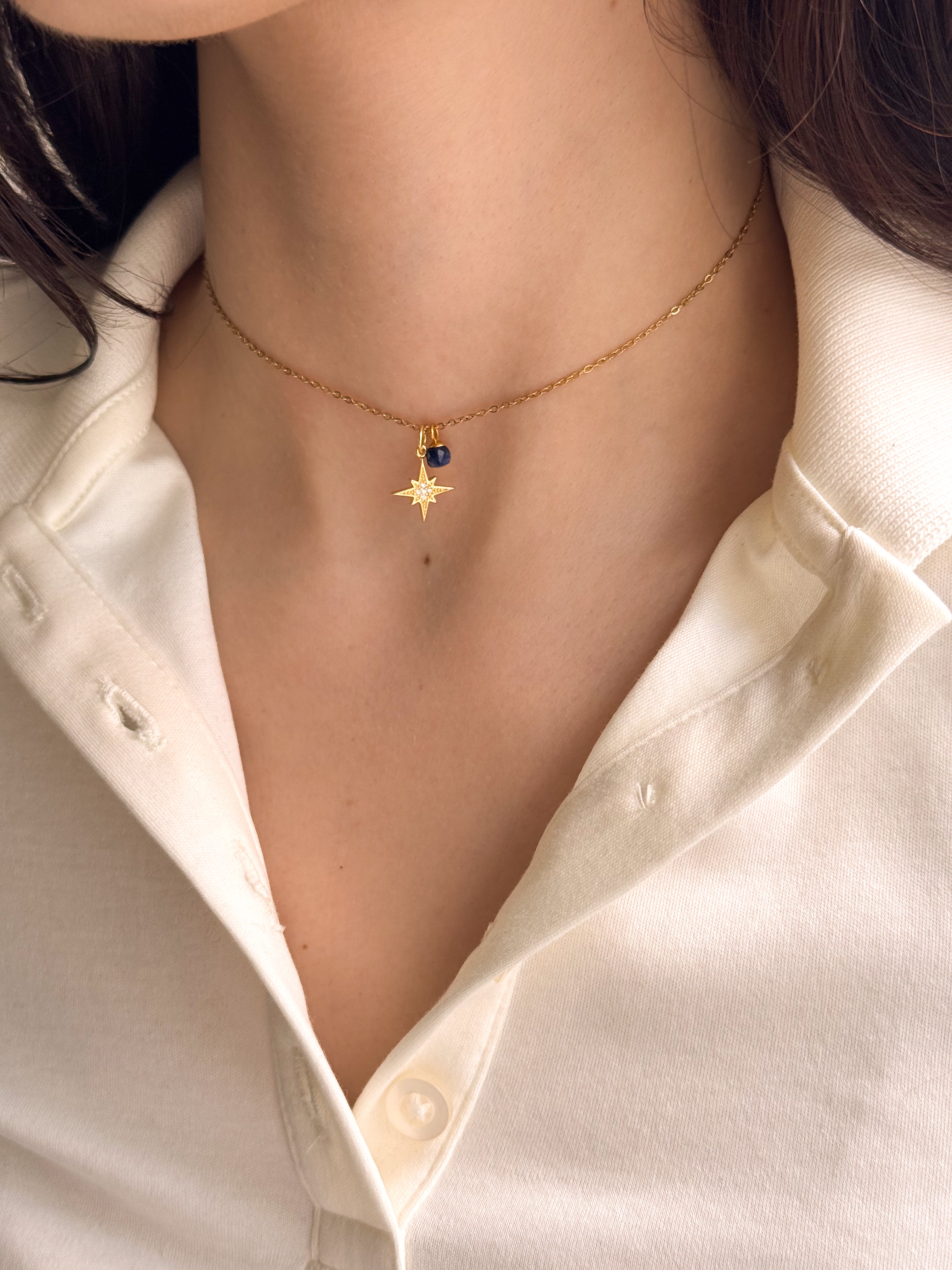 Pingente Mini Pedra Aquamarine Escura Natural - Dourado