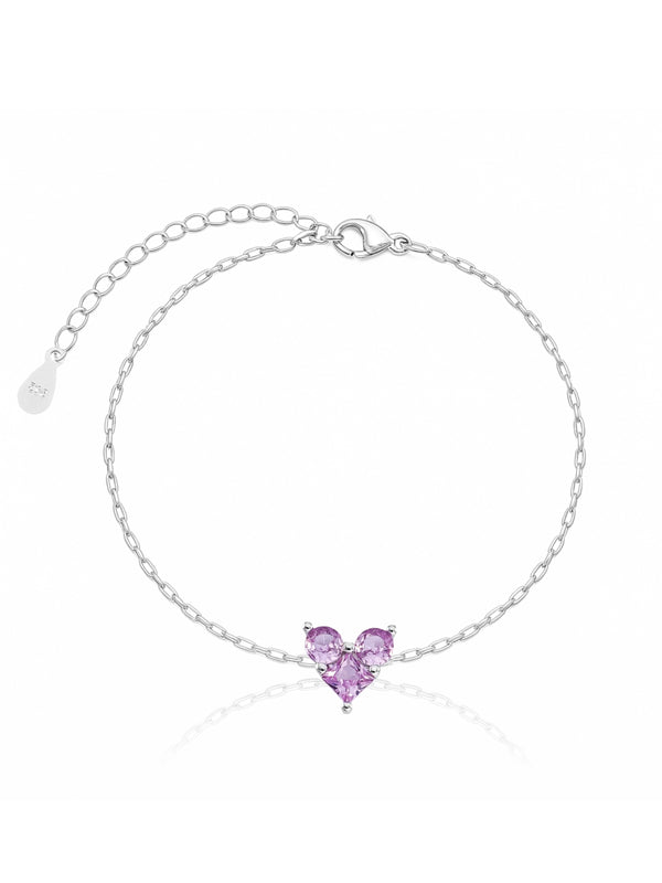 Pulseira de Coração Cravejado Lilás - Prata 925