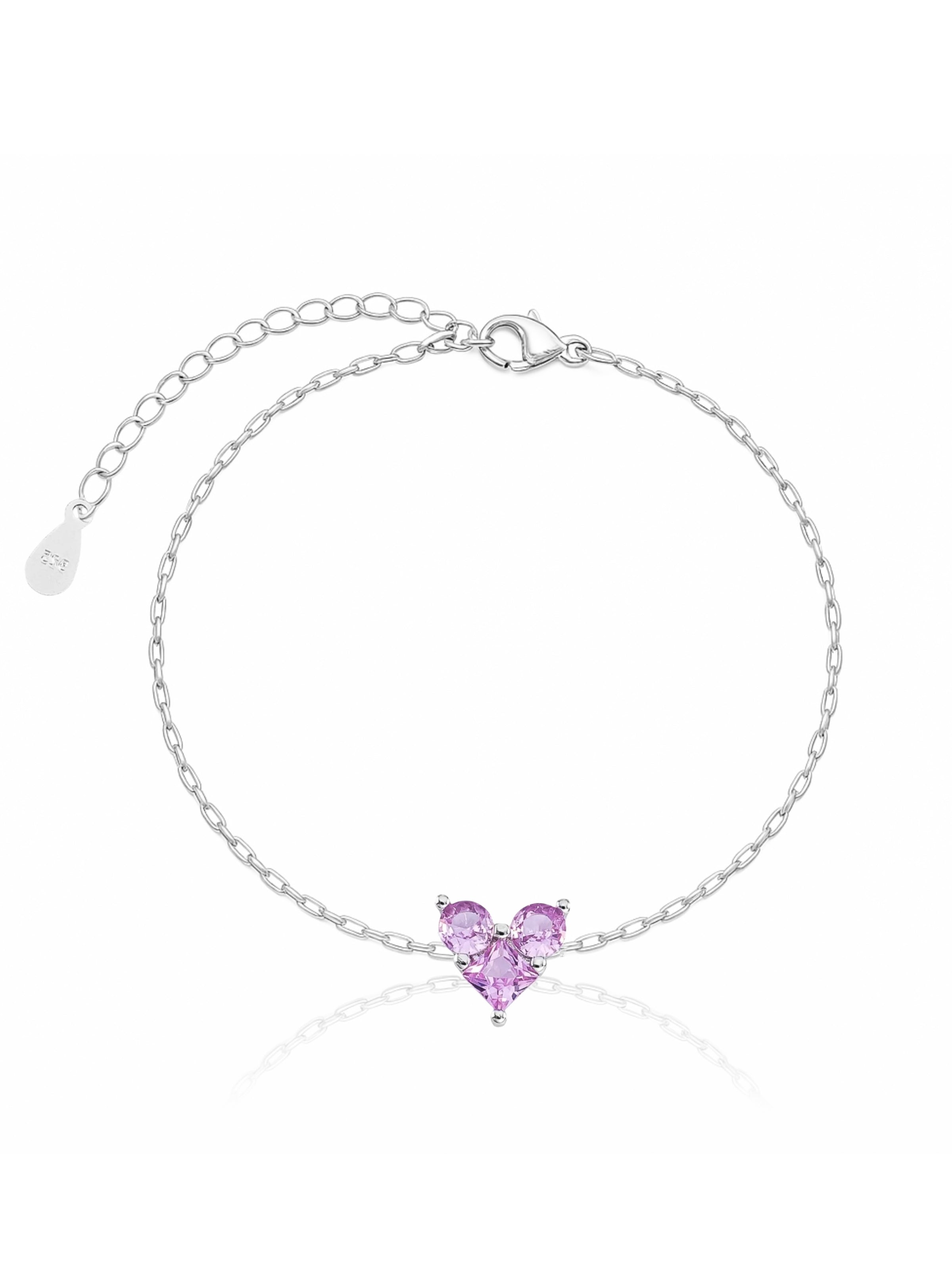 Pulseira de Coração Cravejado Lilás - Prata 925